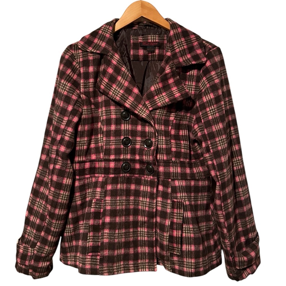 Wool Blend Plaid Button-Up Pea Coat with Pockets in Pink, Purple, Cream Size L